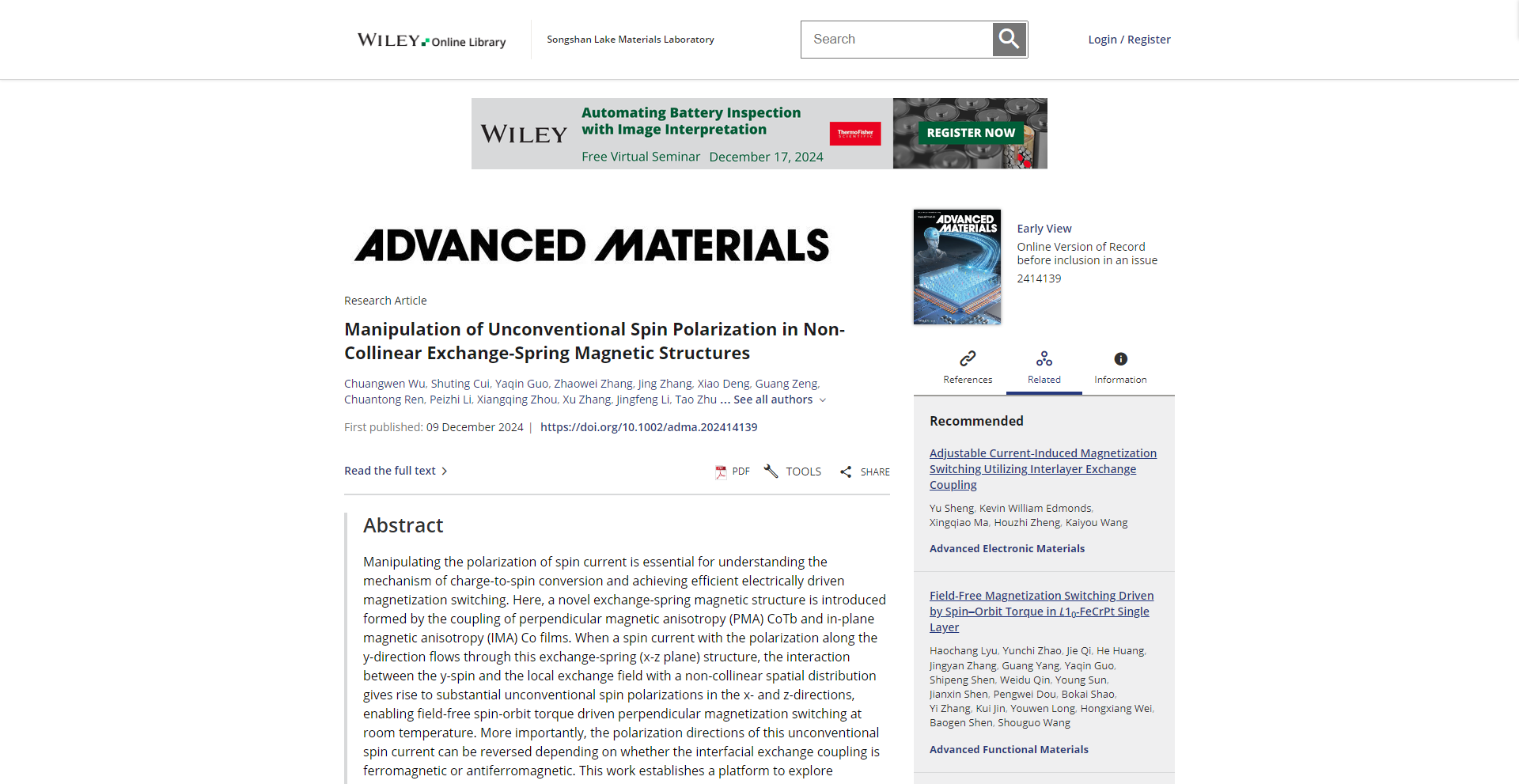 Our paper of “Manipulation of Unconventional Spin Polarization in Non-Collinear Exchange-Spring Magnetic Structures” has been published in Advanced Materials!