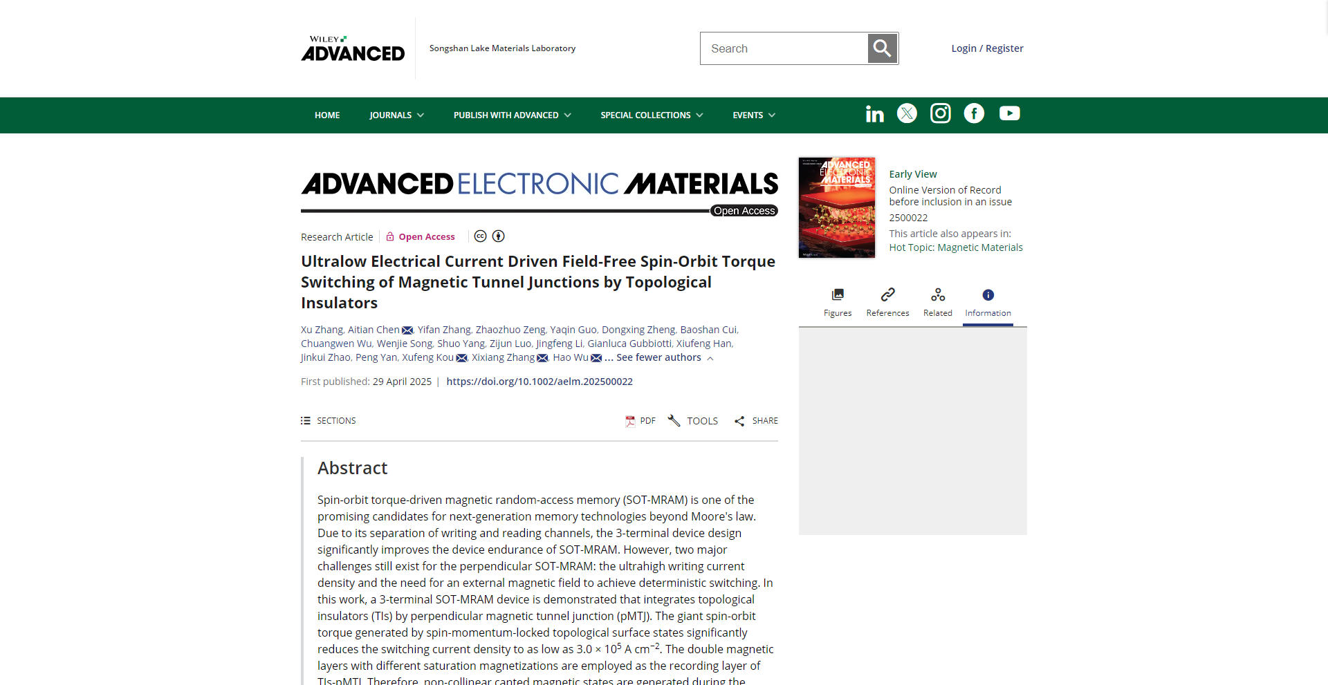 Our paper of “Ultralow Electrical Current Driven Field-Free Spin-Orbit Torque Switching of Magnetic Tunnel Junctions by Topological Insulators” has been published in Advanced Electronic Materials!